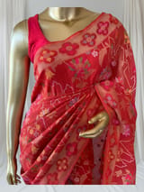Carrot Color Banarasi Handloom Cotton  Cut Jamdani Saree With Allover Meenakari