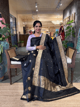 Black Pure Handloom Black Katan Silk  3 pc Suit Set with  kaduwa weaving SS50593