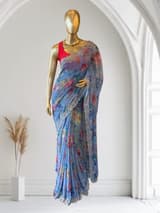 Blue Gorgette printed Saree  with handwork borders SS5065