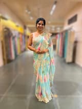 Pastel Blue Printed Gorgette Saree With chantilly Lace style embroidered border SS5060