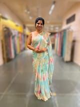 Pastel Blue Printed Gorgette Saree With chantilly Lace style embroidered border SS5060