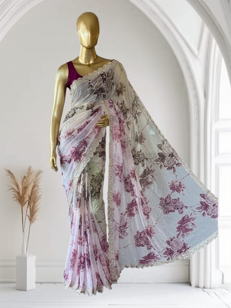 Shaded Gorgette printed Saree  with handwork borders and allover handwork SS5063