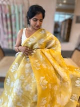 Yellow Floral Printed Pure Organza Saree With Birds  Embroidered Motif  Border SS50603