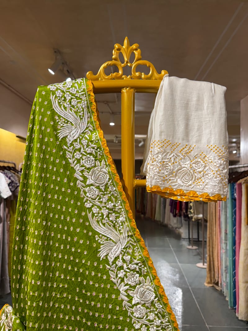 Moong Dal Green Pure Gajji Silk Kutch Bandhej Saree with Parsi Gara Embroidery SS50487