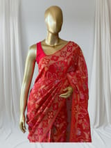 Carrot Color Banarasi Handloom Cotton  Cut Jamdani Saree With Allover Meenakari