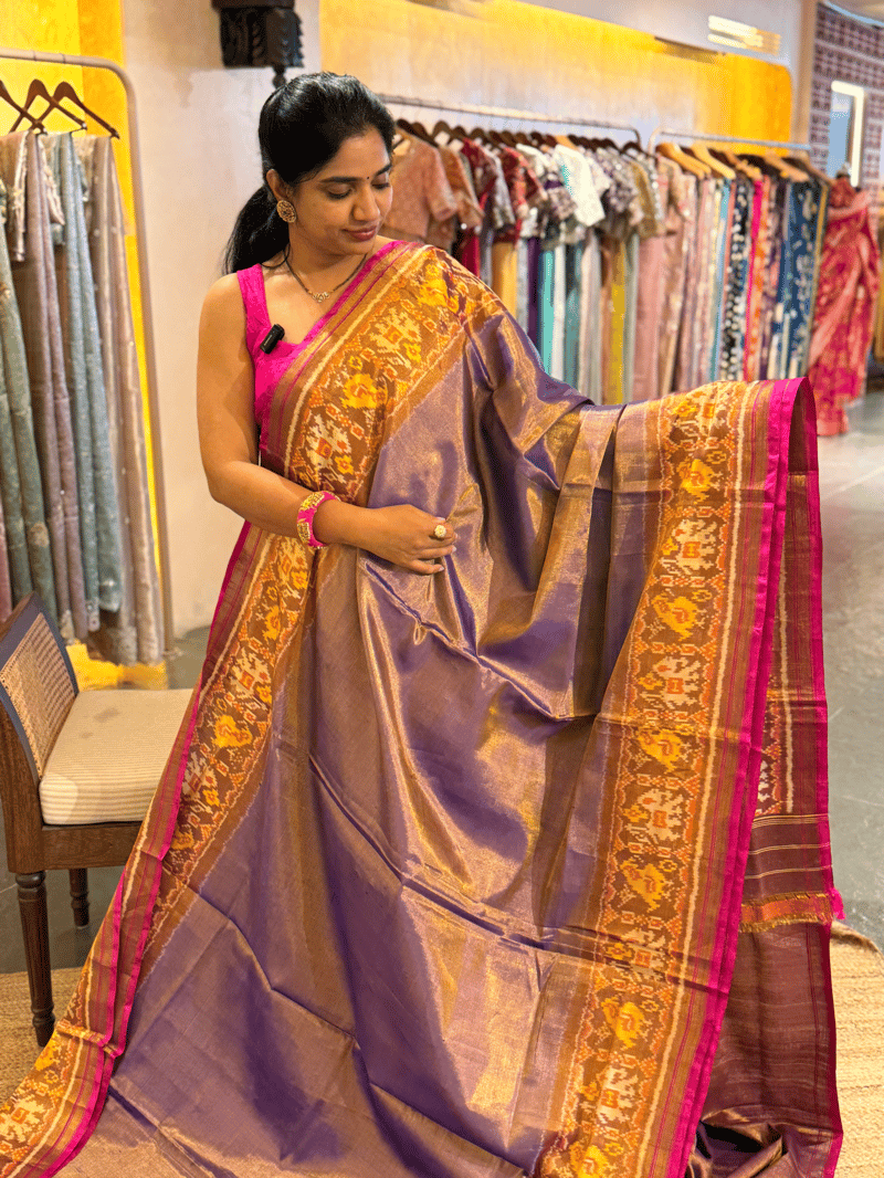 Purple Tissue Patan Patola Saree with Elephant and Parrot Patola Borders SS50348