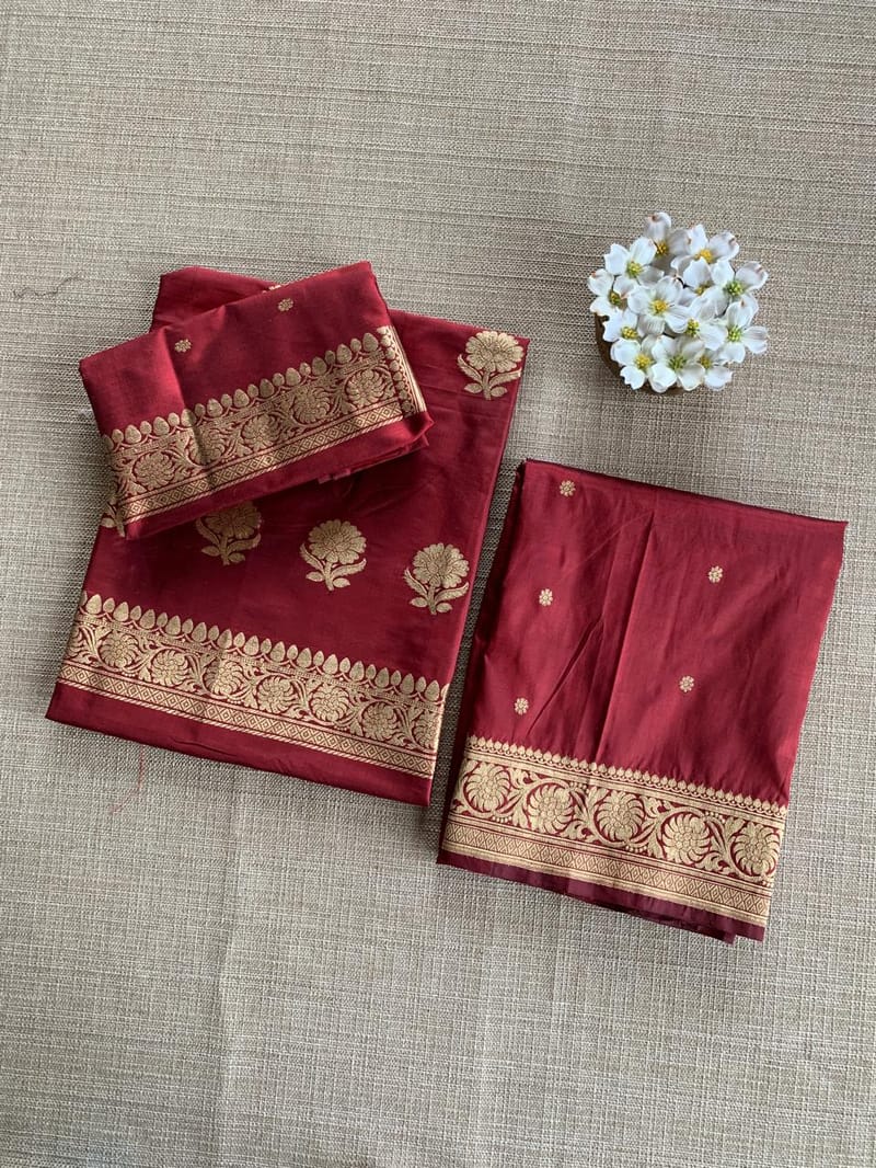 Meroon Katan Silk  3 pc Suit Set with  kaduwa weaving SS50595