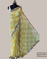 Pure Gorgette Saree in Checks Pattern , Allover Seuence & Hemlined Wth Gota lace SS5066
