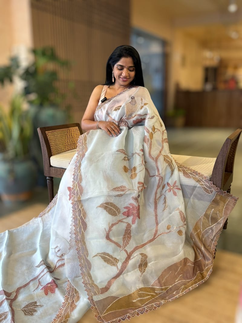 Pastel Blue Pure Organza Saree with one of a kind Tissue Applique work allover SS50329