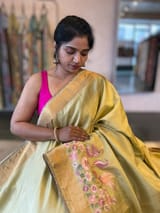 Pale Gold Green Kanchi Silk Saree in With  Parsi Gara  Embroidered Border SS50138