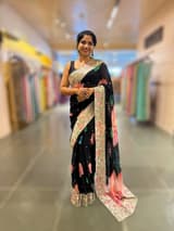 Black Printed georgette Saree With statement Lotus print & Tissue Embroidered Border SS5060