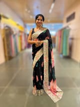 Black Printed georgette Saree With statement Lotus print & Tissue Embroidered Border SS5060