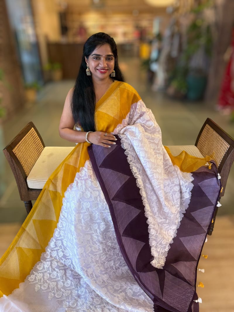 Organza Chikankari Embroidery Saree With Ganga Jamuna Bandhini Temple Borders SS50323