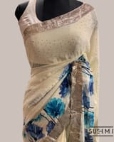 Pure Gorgette Saree with floral printed border and pallu hemlined with gota lace SS5071