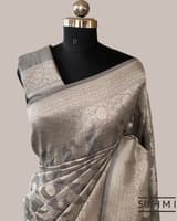 Silverish Grey Banarasi Katan Silk Saree with Allover Floral Jaal Weaving Blouse SS50565