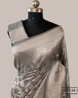 Silverish Grey Banarasi Katan Silk Saree with Allover Floral Jaal Weaving Blouse SS50565