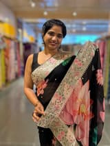 Black Printed georgette Saree With statement Lotus print & Tissue Embroidered Border SS5060