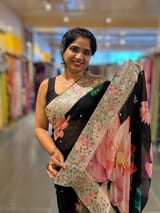 Black Printed georgette Saree With statement Lotus print & Tissue Embroidered Border SS5060