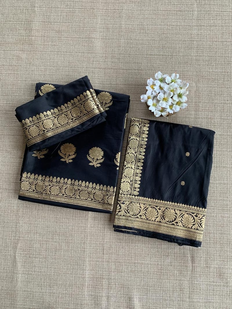 Black Pure Handloom Black Katan Silk  3 pc Suit Set with  kaduwa weaving SS50593