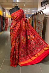Orange , Red & yellow Combo Pure Patan Patola Saree With Allover Creeper Design
