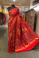 Orange , Red & yellow Combo Pure Patan Patola Saree With Allover Creeper Design