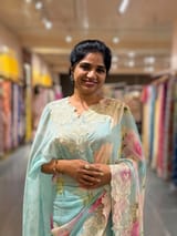 Pastel Blue Printed Gorgette Saree With chantilly Lace style embroidered border SS5060