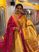 Beige Gold  Color Tissue Patan Patola Saree With Elephant and Parrot Borders SS50349