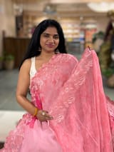 Coral Pink Gorgette  Saree With Chatilly Lace Style Cutwork embroidered Border SS5058
