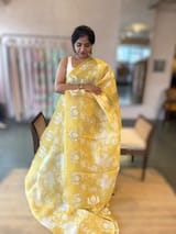 Yellow Floral Printed Pure Organza Saree With Birds  Embroidered Motif  Border SS50603