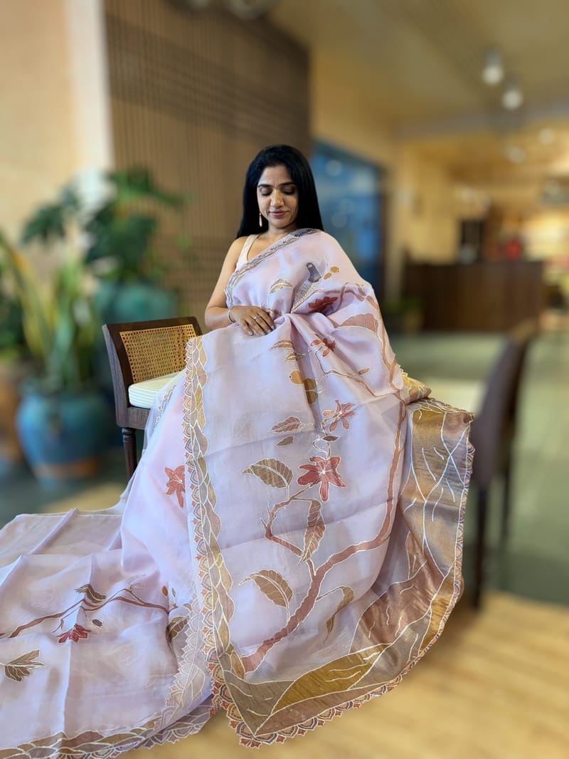 Lilac Pink Pure Organza Saree with one of a kind Tissue Applique work allover SS50330