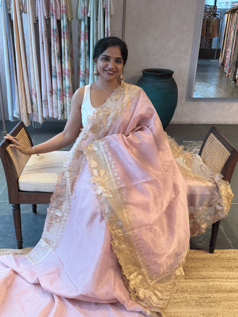 Baby Pink Mul tissue Saree with Tissue cutwork applique work border SS50444