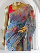 Blue Gorgette printed Saree  with handwork borders SS5065