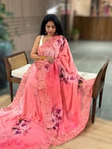 Coral Peach Gorgette  Saree With Chatilly Lace Style Cutwork embroidered Border SS5057
