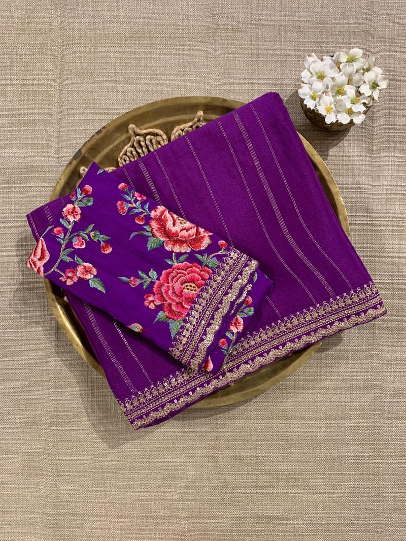 Purple Chinnon Saree Wth Sabhya Borders & Heavy embroidered Blouse SS50586