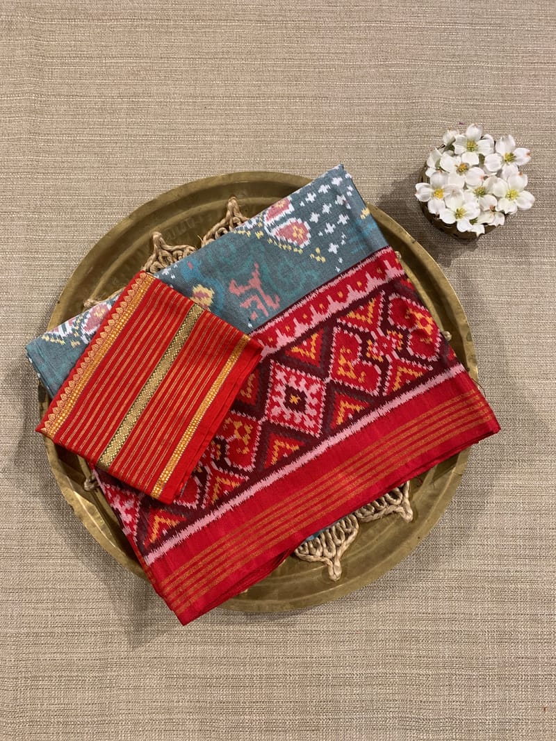 Light Blue and  Red Combo Pure Patan Patola Saree with Unique Concept Body SS50353