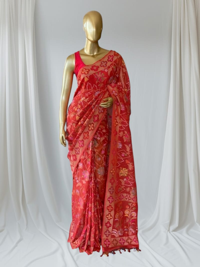Carrot Color Banarasi Handloom Cotton  Cut Jamdani Saree With Allover Meenakari