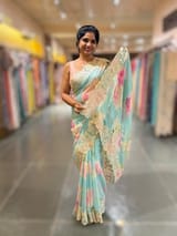 Pastel Blue Printed Gorgette Saree With chantilly Lace style embroidered border SS5060