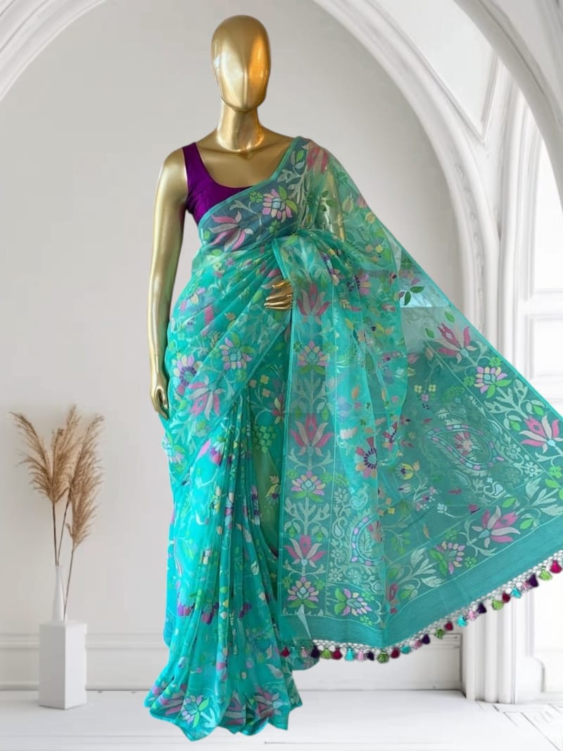 SeaGreen Real Zari Jamdani Saree