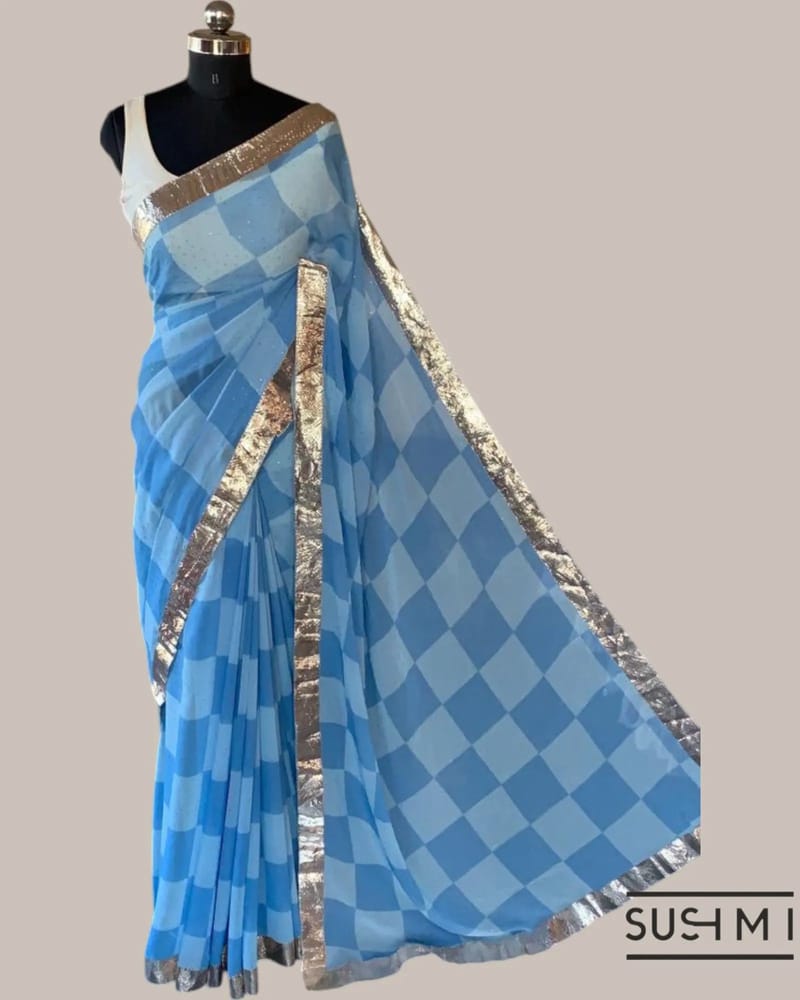 Pure Gorgette Saree in Checks Pattern , Allover Seuence & Hemlined Wth Gota lace SS5067