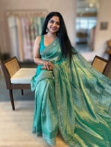 Teal Tissue Gorgette saree with sabyasachi borders and allover pitawork blouse SS50443