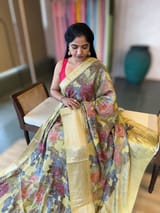 Light Olive Pista Chiniya Silk Saree With Petite Point  Emb Style Print SS50104