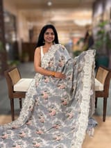 Grey Gorgette Printed Saree With Chatilly Lace Style Cutwork embroidered Border SS5059
