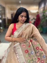 Pastel Emglish Brown Organza Silk Saree With Jamdani Inspired Embroidery