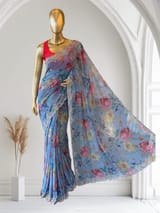 Blue Gorgette printed Saree  with handwork borders SS5065