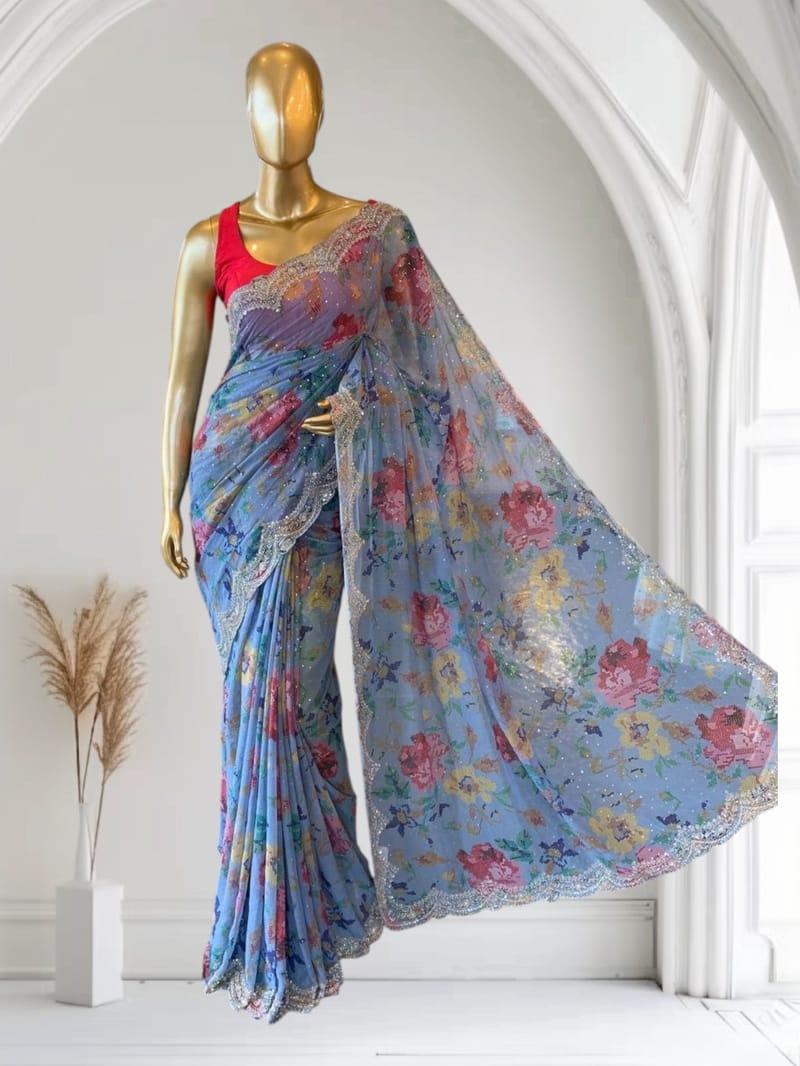 Blue Gorgette printed Saree  with handwork borders SS5065
