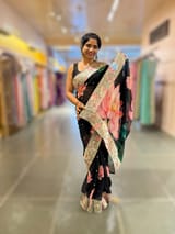Black Printed georgette Saree With statement Lotus print & Tissue Embroidered Border SS5060