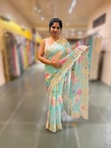 Pastel Blue Printed Gorgette Saree With chantilly Lace style embroidered border SS5060