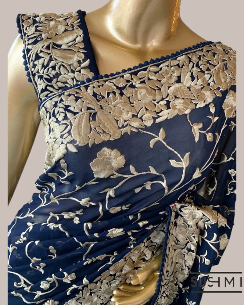 Midnight Blue Pure Gorgette Saree With Parsi Gara Style Allover Embroidery   Ori SS50564