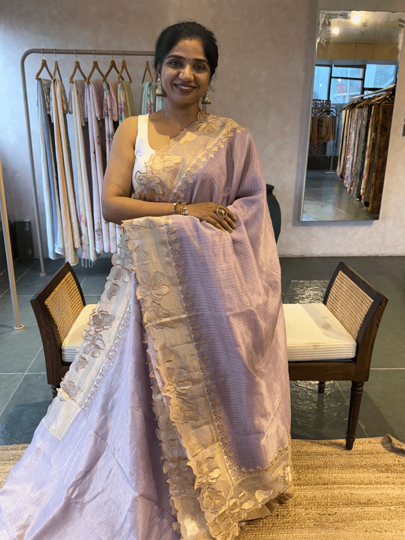 Lilac Mul tissue Saree with Tissue cutwork applique work border SS50445