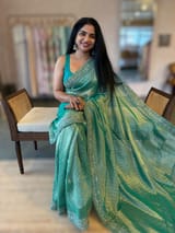 Teal Tissue Gorgette saree with sabyasachi borders and allover pitawork blouse SS50443